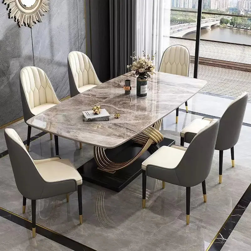 Modern Luxury Marble Stone Dining Table Set with Leather Chairs – 4, 6, or 8 Seater