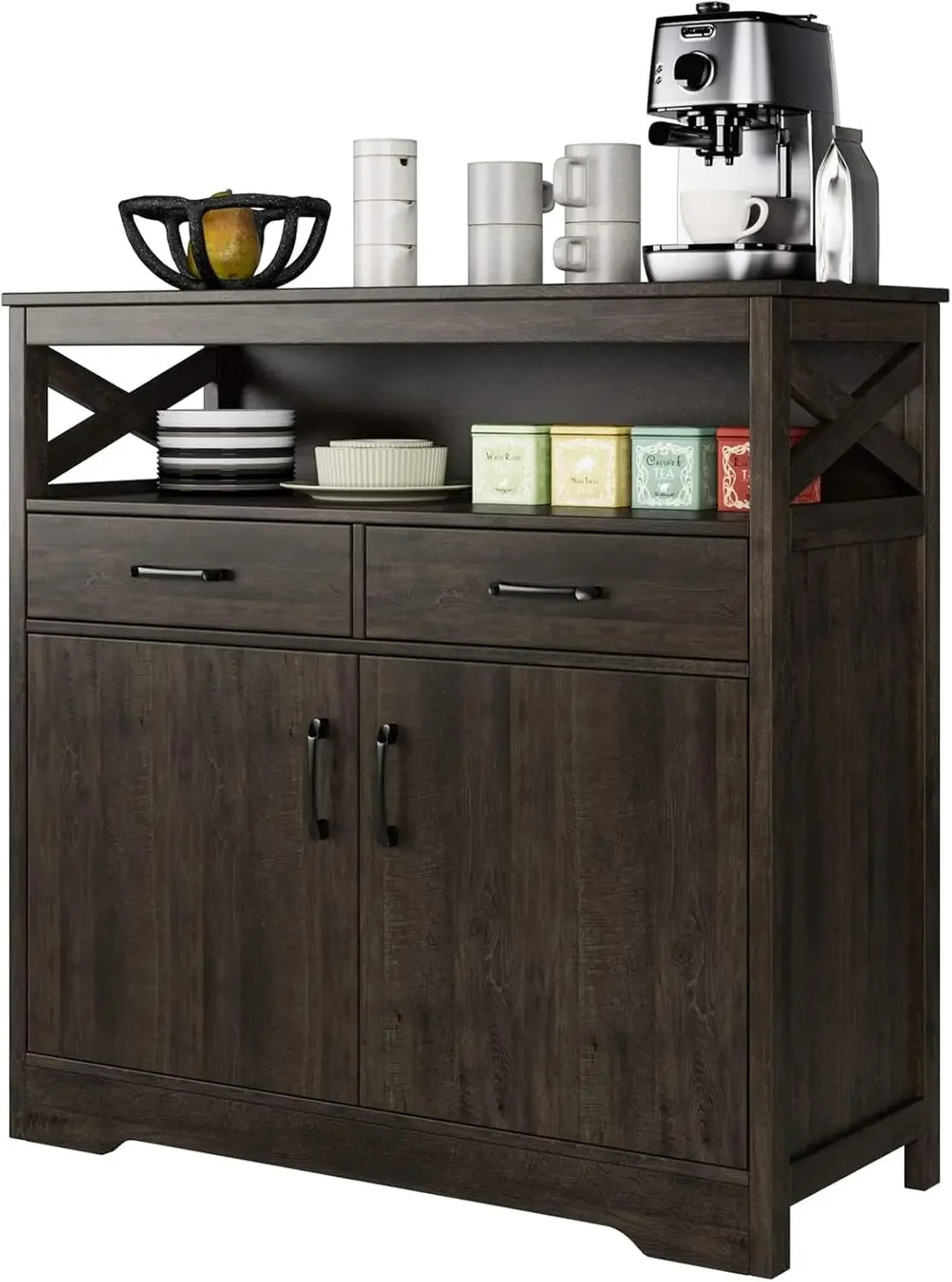 Modern farmhouse sideboard with cabinets, drawers, and open shelves.