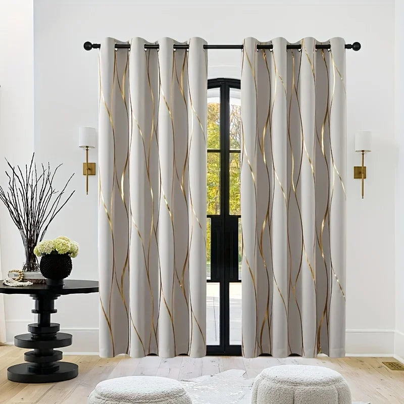 2Pcs Golden Wave & Circle Blackout Curtains – Thermal Insulated Light Filtering Drapes