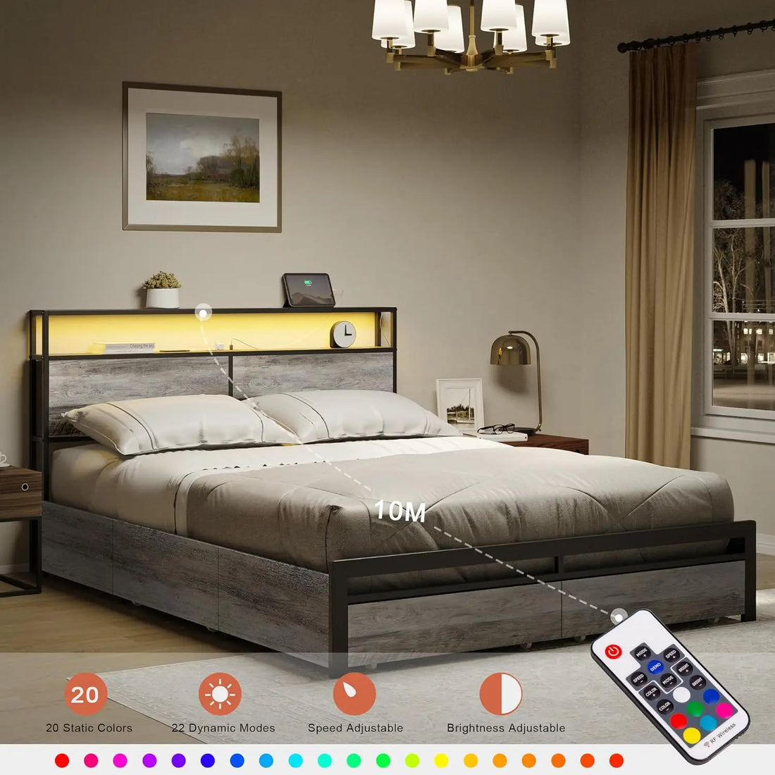 Queen Bed Frame with Storage Headboard, 4 Drawers, and LED Lighting