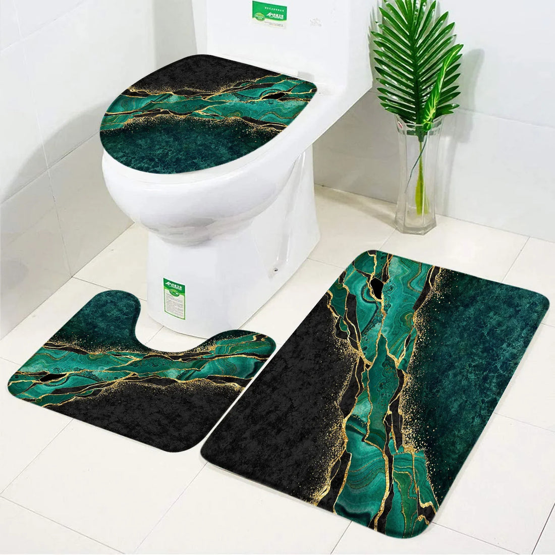 3pcs Set Black Marble Bath Mat – Non-Slip Absorbent Bathroom Rugs with Toilet Lid Cover