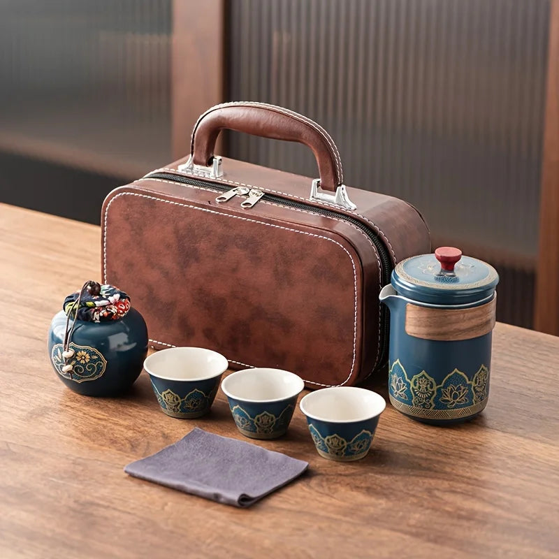 Portable Ceramic Tea Set with Leather Case – 5-Piece Japanese Kung Fu Tea Set