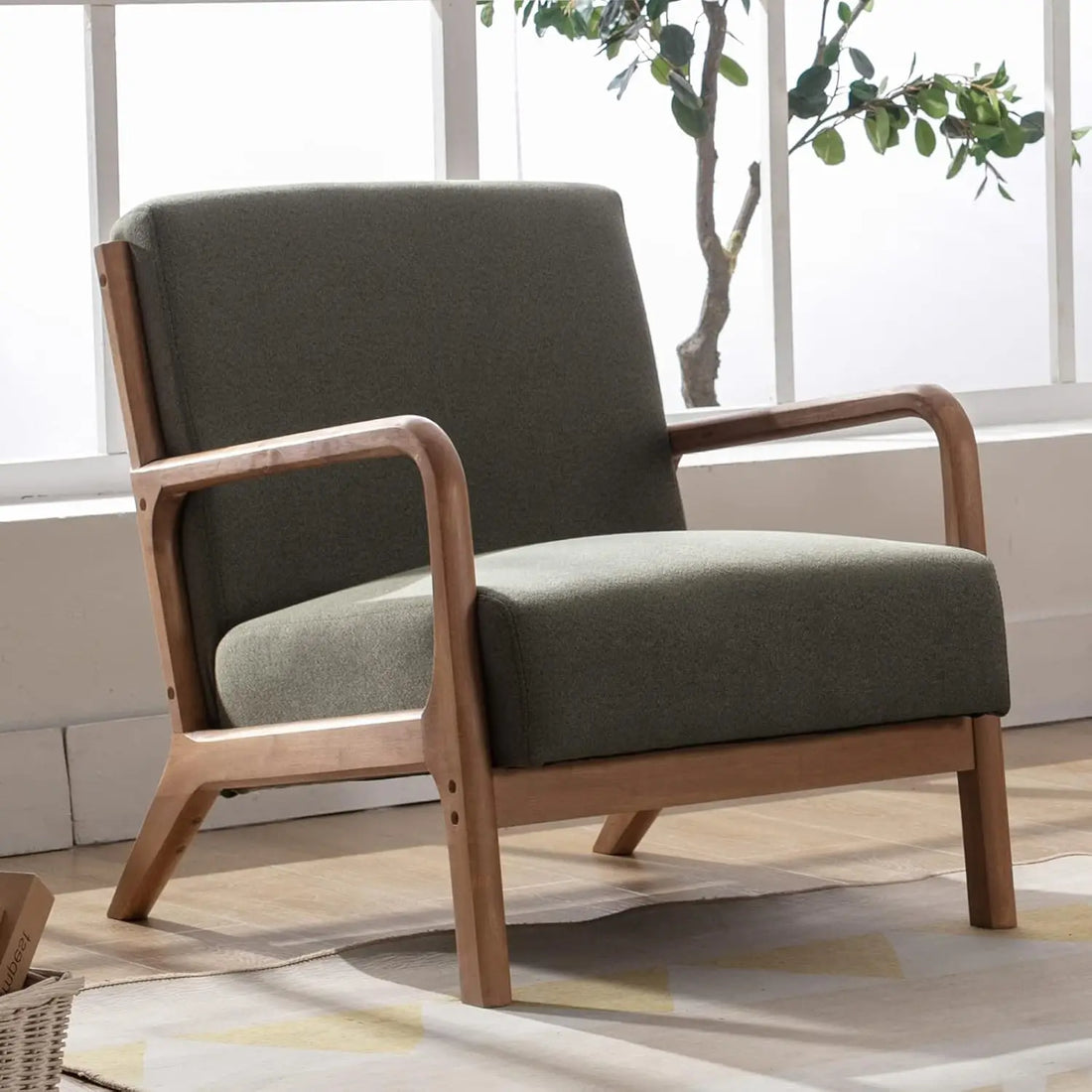 Mid-Century Modern Accent Chairs Set of 2 – Fabric Lounge Armchairs with Solid Wood Frame