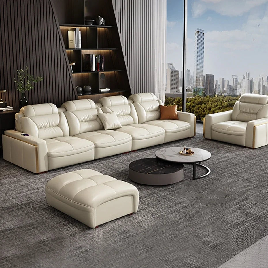 Premium Italian Genuine Leather Sectional Sofa Sets with USB & Bluetooth Speaker - MANBAS Living Room Furniture