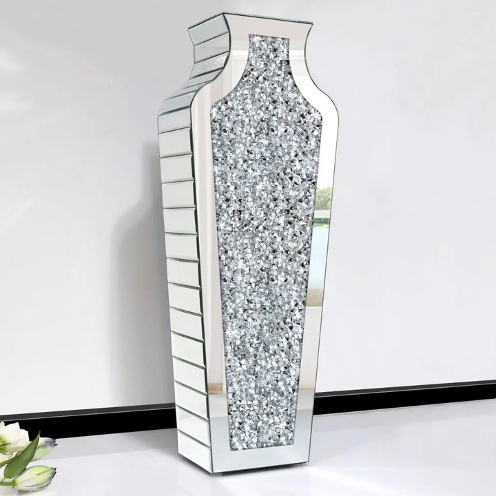 Floor Vase Crushed Diamond Mirrored Vase – 27” Tall, Crystal Silver Glass Decorative Mirror Vase