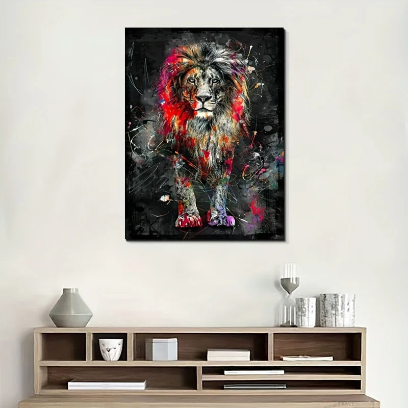 Abstract Graffiti Lion Canvas Painting – Modern Colorful Animal Poster for Home Décor