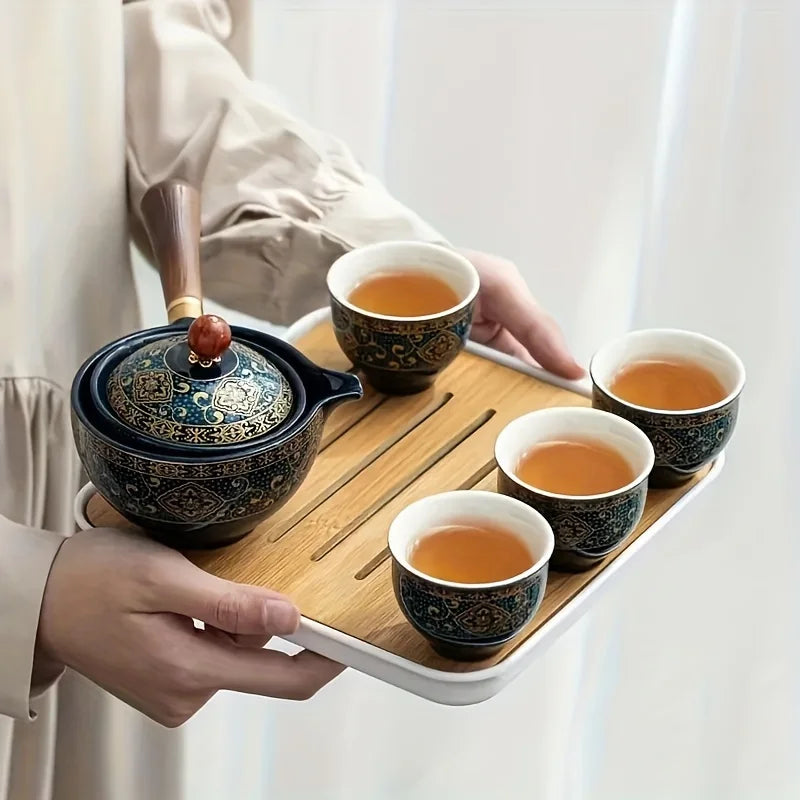 Portable Ceramic Kung Fu Tea Set with 360° Rotating Teapot and Cups – Ideal for Tea Lovers, Travel, or Office Gift