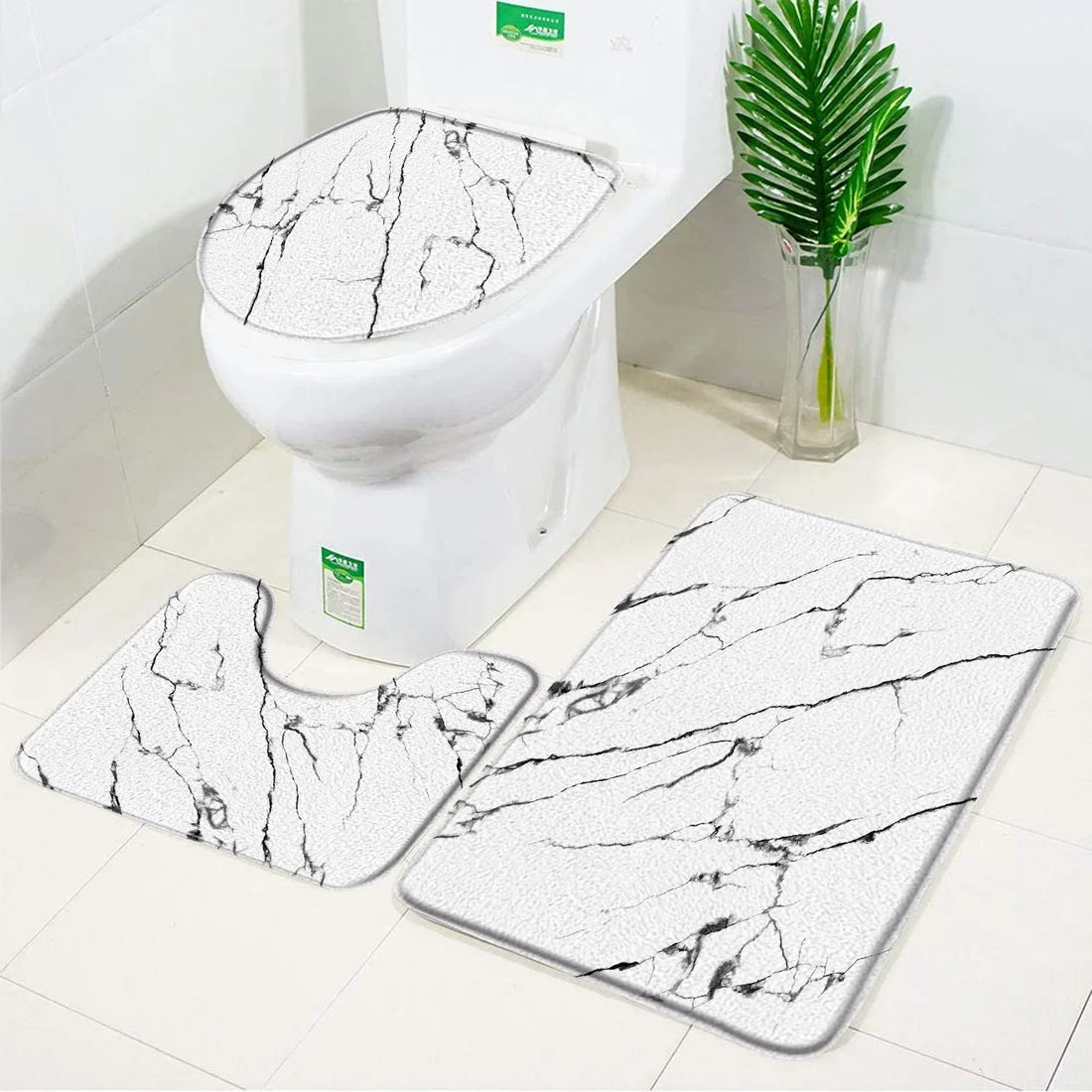 3pcs Set Black Marble Bath Mat – Non-Slip Absorbent Bathroom Rugs with Toilet Lid Cover