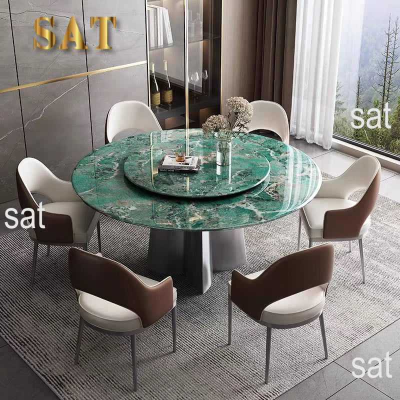 Modern Luxury Marble Round Dining Table Set with Rotating Center – 6, 8, or 10-Seater with Leather Chairs