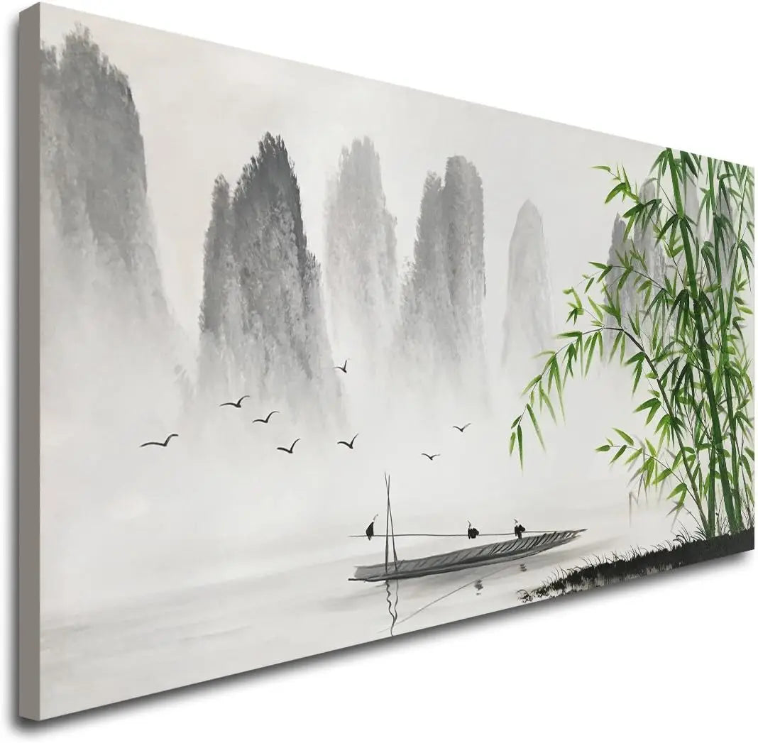 Large Hand-Painted Traditional Chinese Painting – Black and White Bamboo Landscape Canvas Wall Art