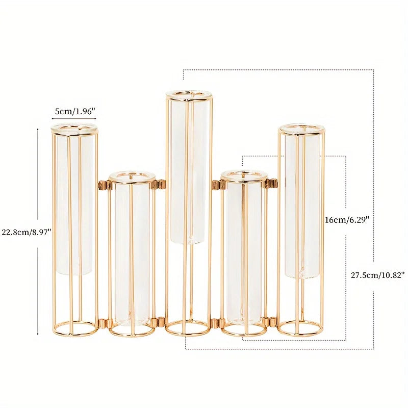 Gold Test Tube Vase with 5 Glass Tubes – Elegant Metal Stand Centerpiece for Weddings & Home Décor