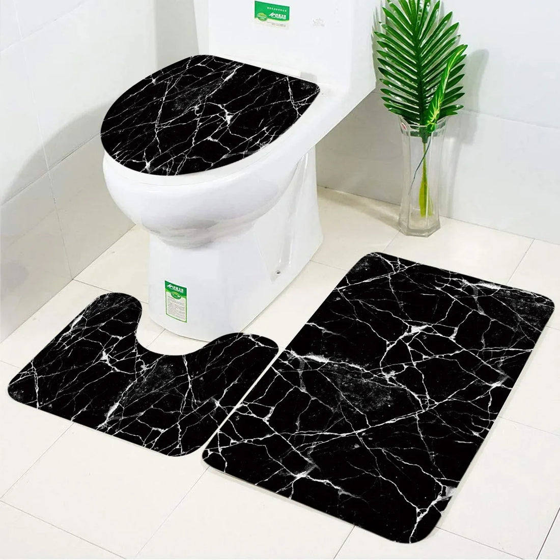 3pcs Set Black Marble Bath Mat – Non-Slip Absorbent Bathroom Rugs with Toilet Lid Cover