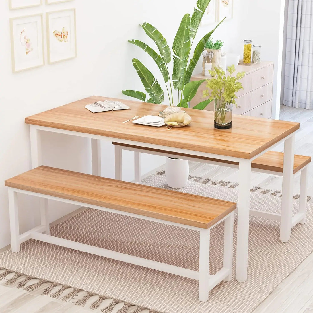 3-Piece Dining Table Set with Benches – Modern Farmhouse Kitchen & Dining Room Set