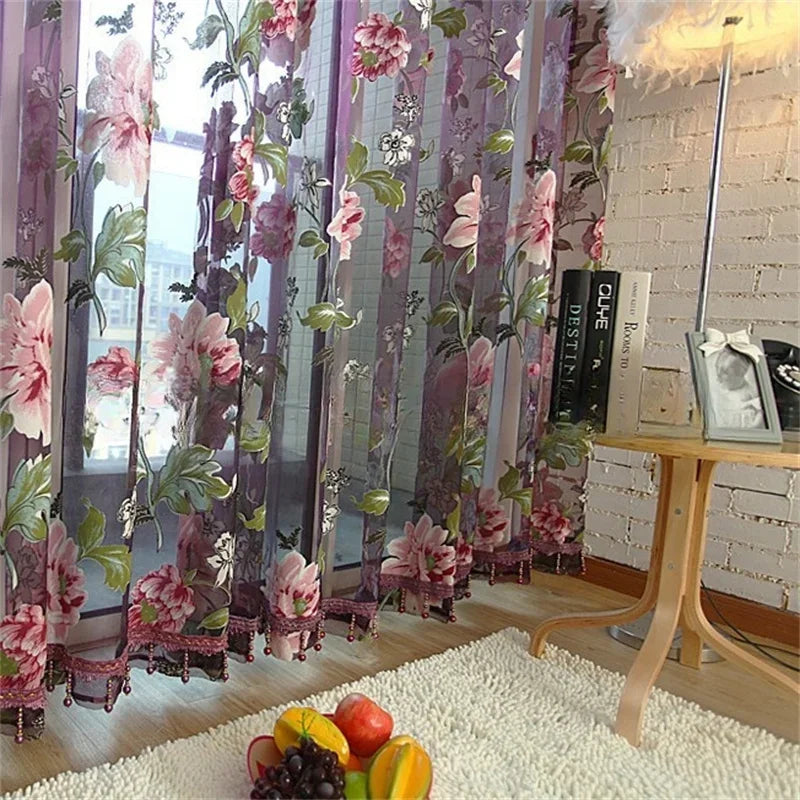 Peony Tulle Curtains – Floral Jacquard Sheer Voile for Kitchen, Door, Window, Living Room, Bedroom