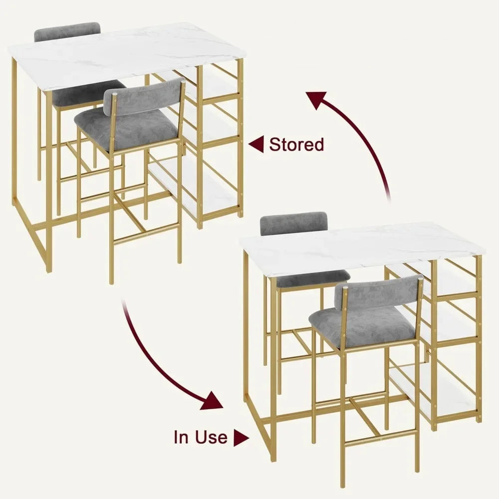 Dining Table Set for 2 – Counter Height Table with Upholstered Chairs and Storage Shelves