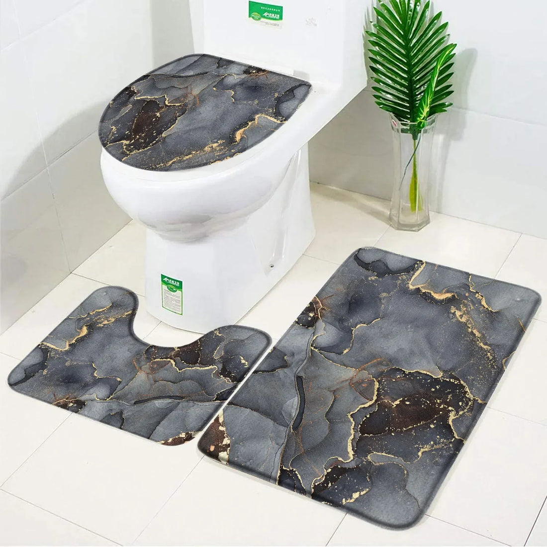 3pcs Set Black Marble Bath Mat – Non-Slip Absorbent Bathroom Rugs with Toilet Lid Cover