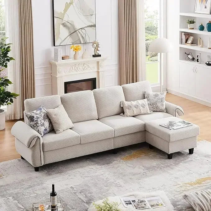 L Shaped Couch 112" Sectional Sofa, 4-seat Reversible Ottoman