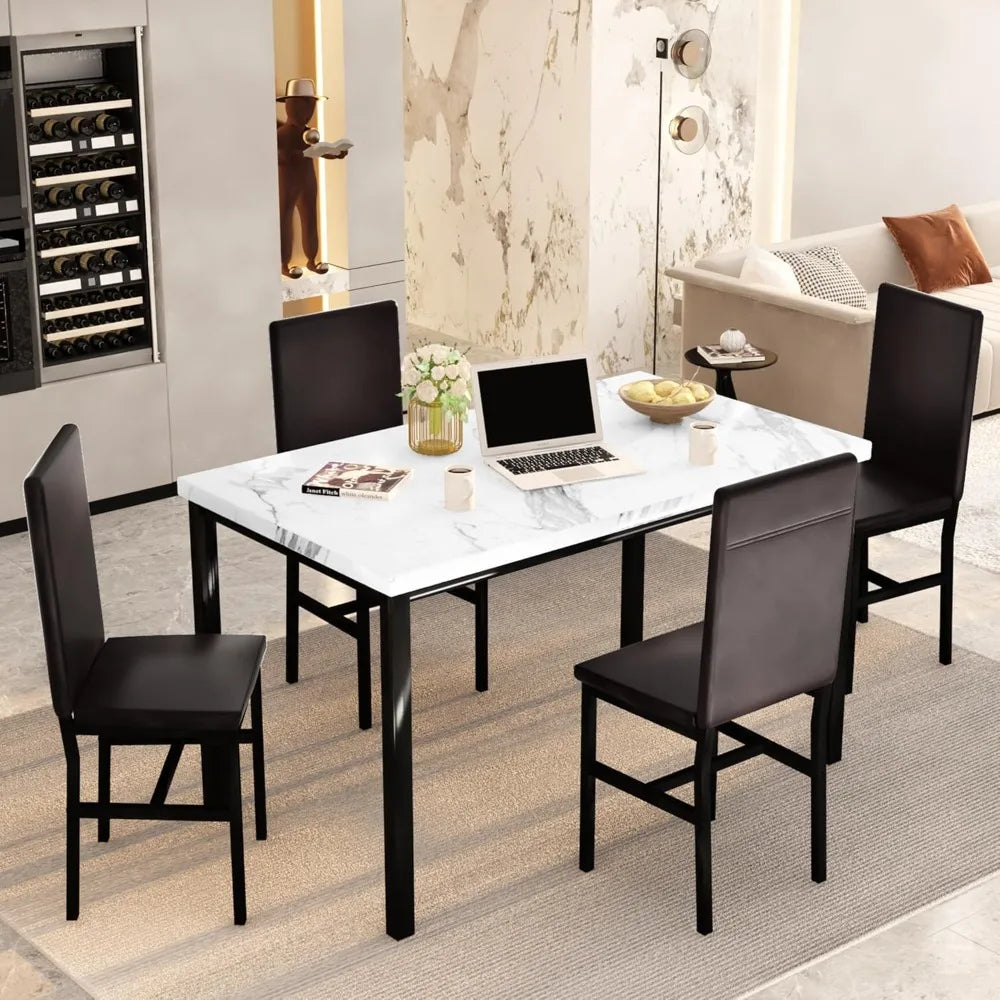 Faux Marble 5-Piece Dining Table Set for 4 – Elegant & Space-Saving Design