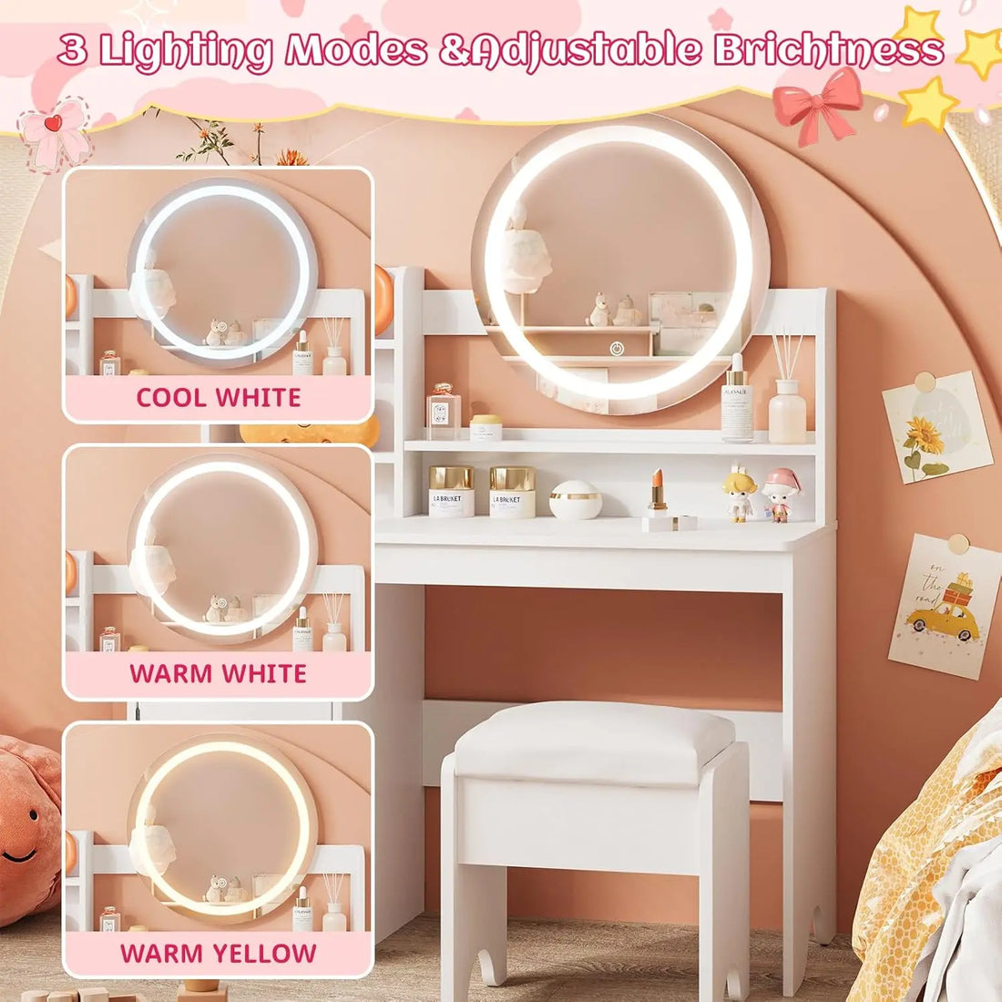 Vabches Kids Vanity Desk with Lights – Pink Makeup Vanity Table with Mirror, Storage Cabinet, Shelves & Chair for Girls