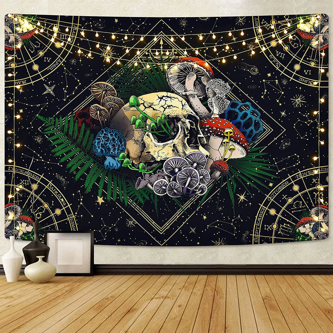 Large Skull Tapestry with Colorful Mushroom Design – Starry Aesthetic Wall Hanging