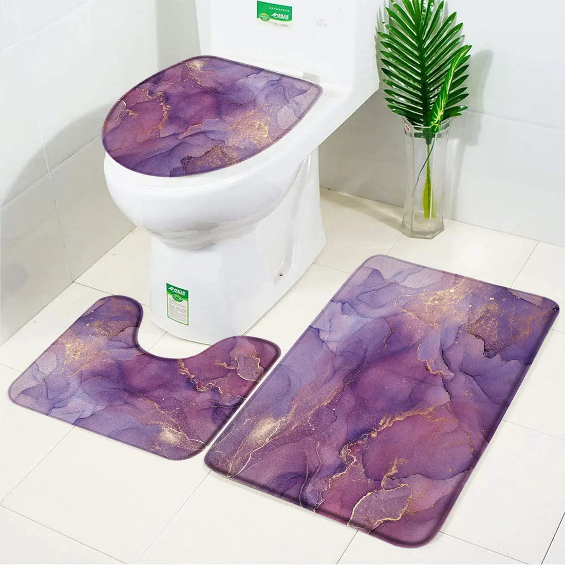 3pcs Set Black Marble Bath Mat – Non-Slip Absorbent Bathroom Rugs with Toilet Lid Cover