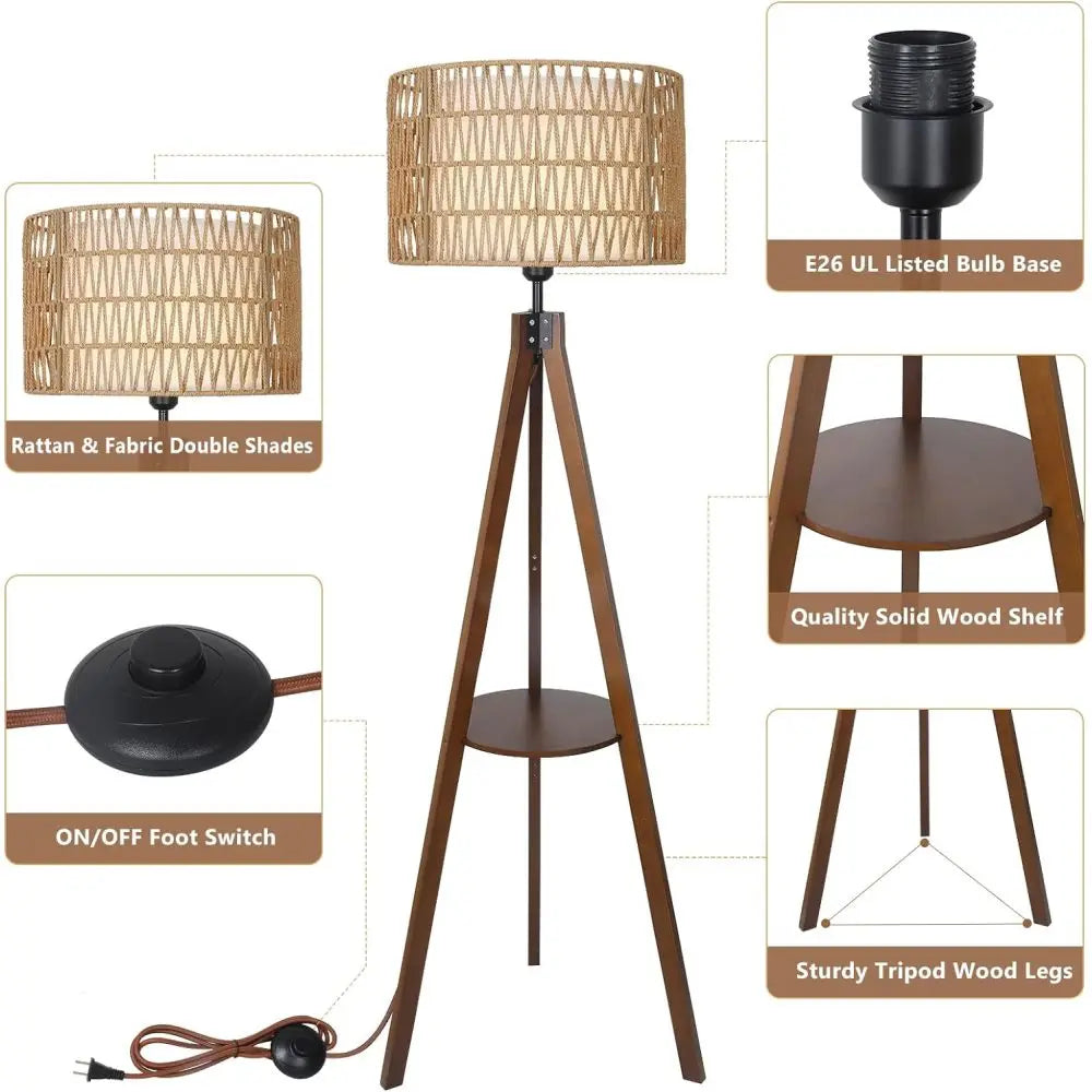 Boho Tripod Floor Lamp with Shelves – Mid Century Modern Wood Standing Lamp with Rattan & Fabric Shades