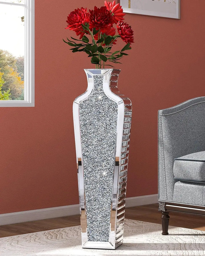 SHYFOY Crushed Diamond Tall Floor Vase – 26.8" Silver Mirror Vase for Luxury Living Room Decor