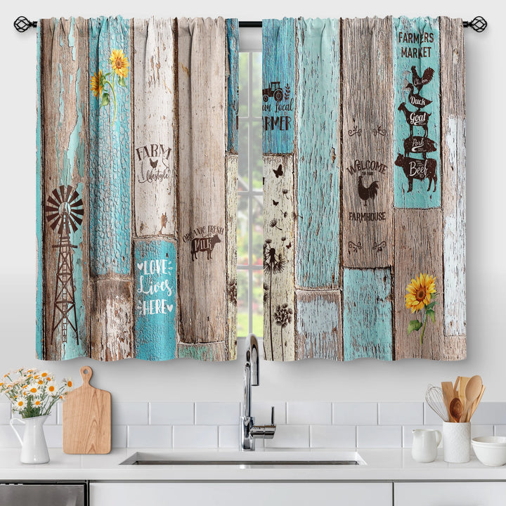 Teal Wooden Kitchen Curtains – Rustic Floral Tier Curtains for Farmhouse and Vintage Decor