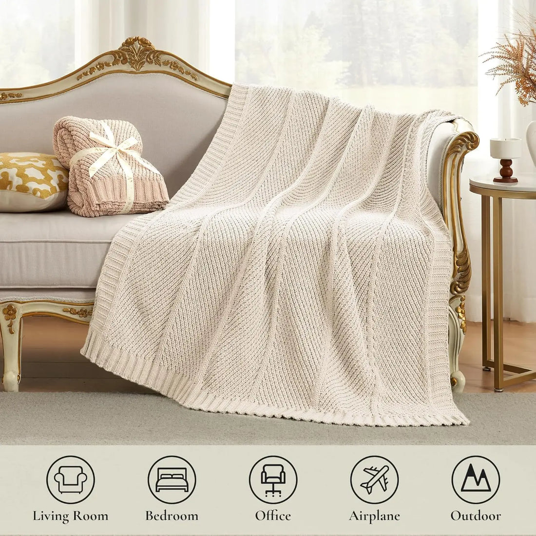 Chenille Knit Throw Blanket – Soft & Cozy Chevron Texture Blanket for Couch & Bed