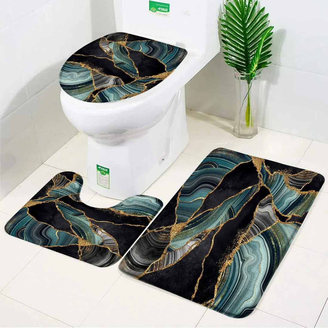 3pcs Set Black Marble Bath Mat – Non-Slip Absorbent Bathroom Rugs with Toilet Lid Cover