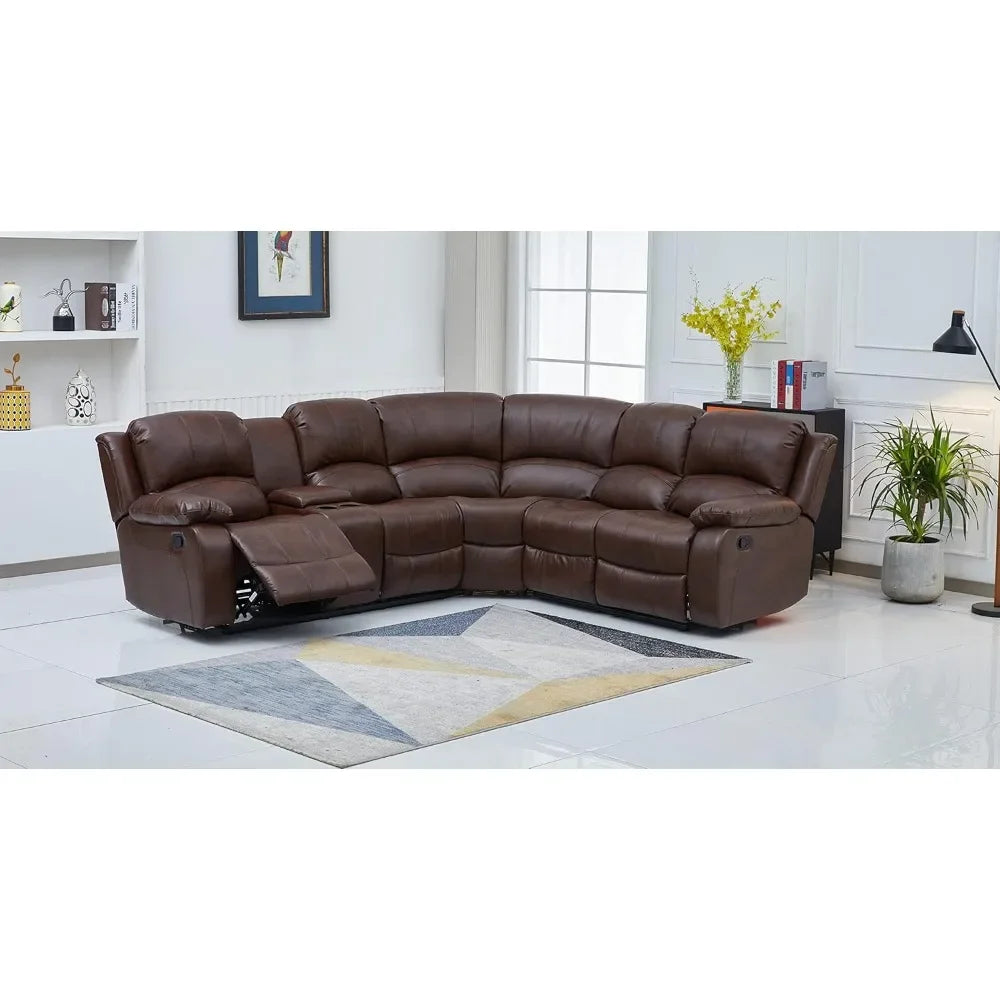 Recliner Bonded Leather Sectional Sofa with Console – Multiple Colors (Brown, Left Console Sectional)