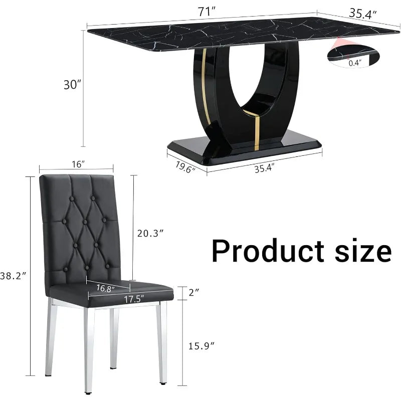 71" Black Dining Table Set for 8 – Faux Marble Table with PU Leather Chairs