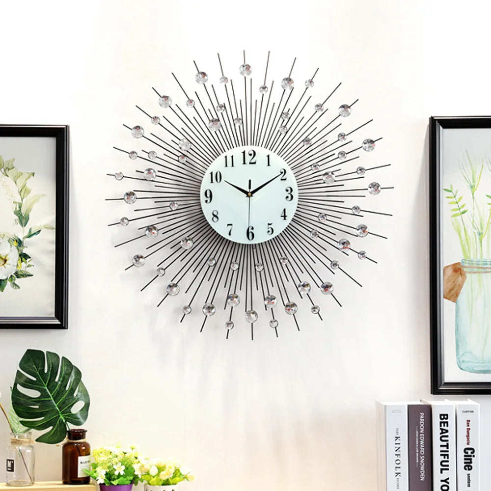 Modern Crystal Diamond Wall Clock – 3D Luxury Silent Metal Flower Clock for Home Décor