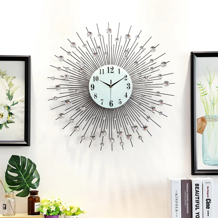 Modern Crystal Diamond Wall Clock – 3D Luxury Silent Metal Flower Clock for Home Décor