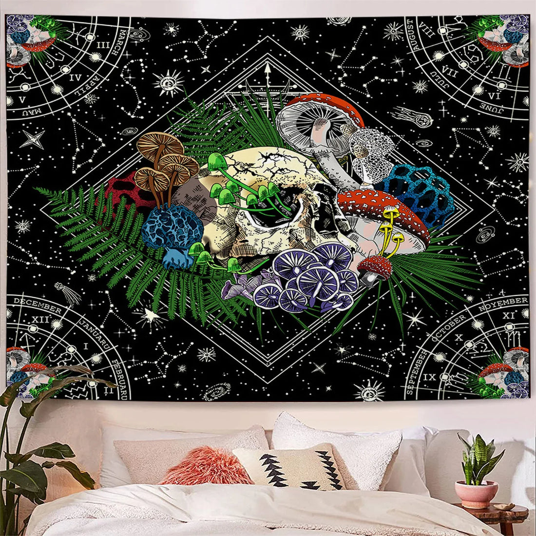 Large Skull Tapestry with Colorful Mushroom Design – Starry Aesthetic Wall Hanging