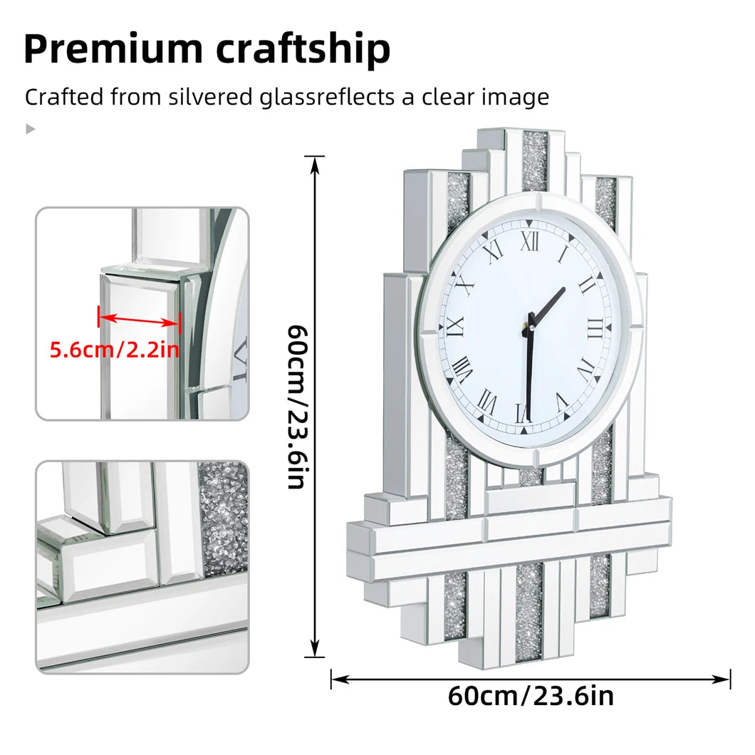 Large Irregular Wall Clock – Crystal Crush Diamond Silent Quartz Clock with Roman Numerals for Home Decor