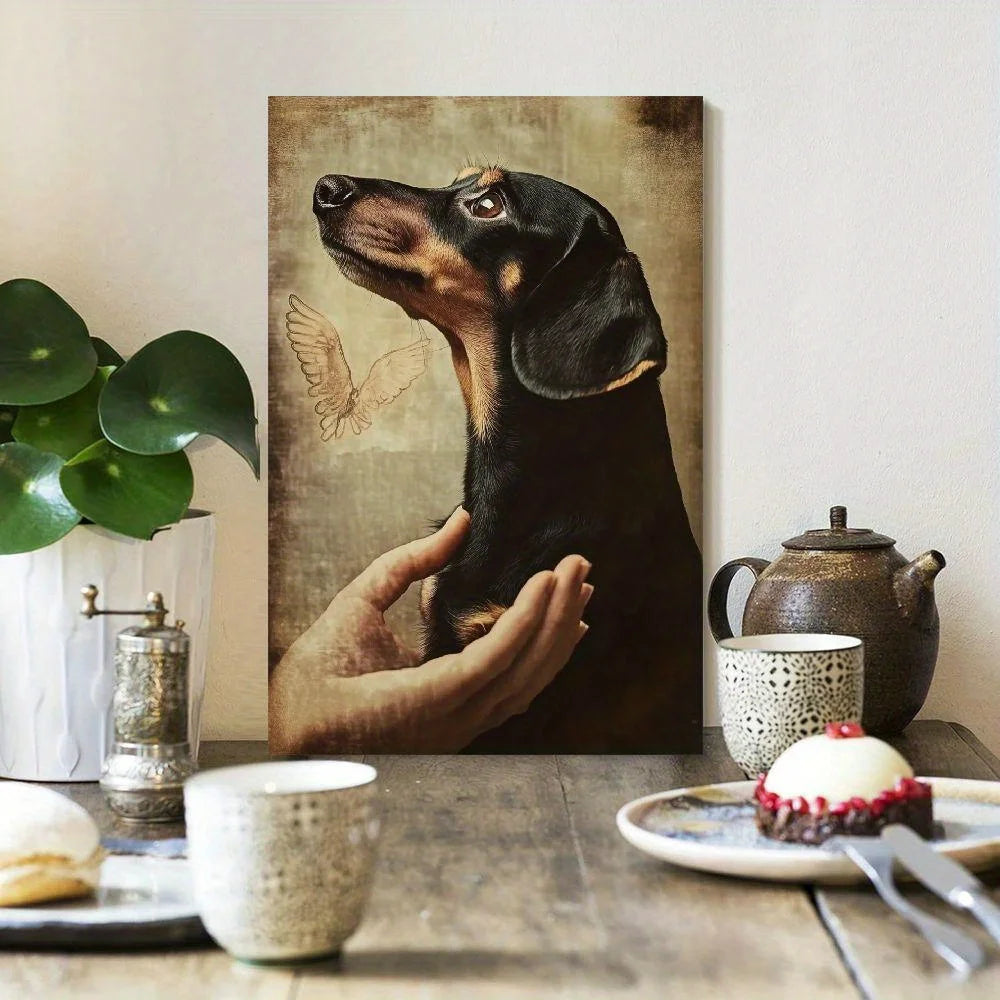 Dachshund Paw Print Portrait – Wooden Framed Canvas Painting for Wall Décor and Holiday Gifts