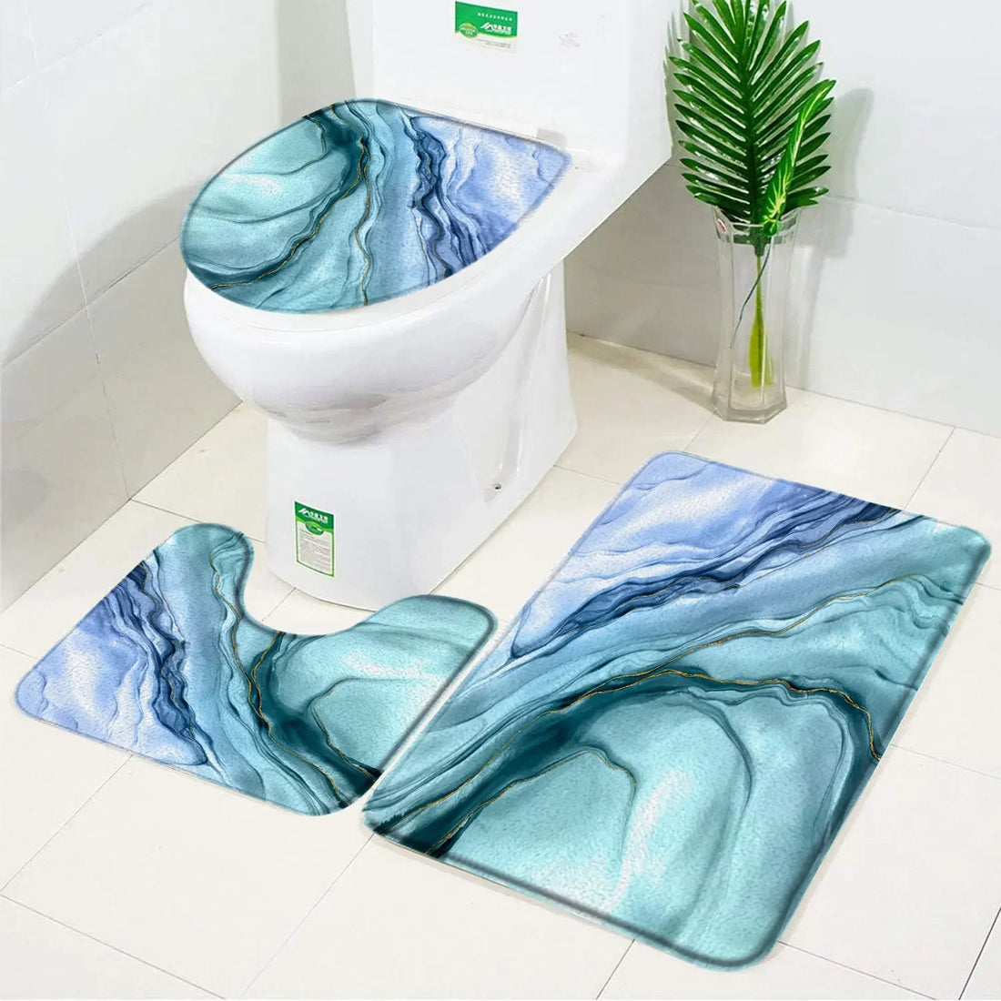 3pcs Set Black Marble Bath Mat – Non-Slip Absorbent Bathroom Rugs with Toilet Lid Cover