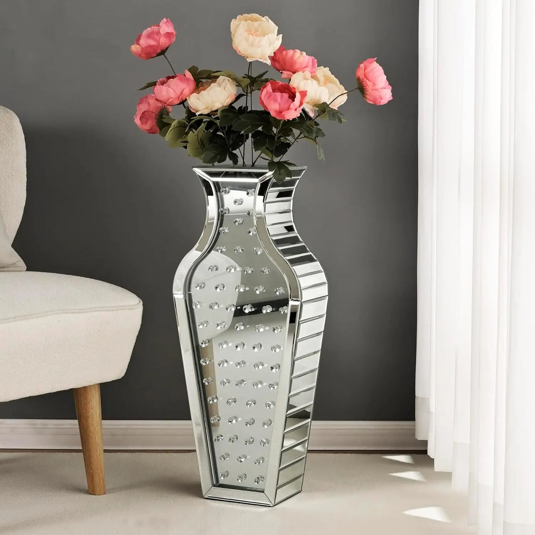 SHYFOY Tall Mirrored Silver Floor Vase – 28" Crystal Decorative Vase for Luxury Home Decor