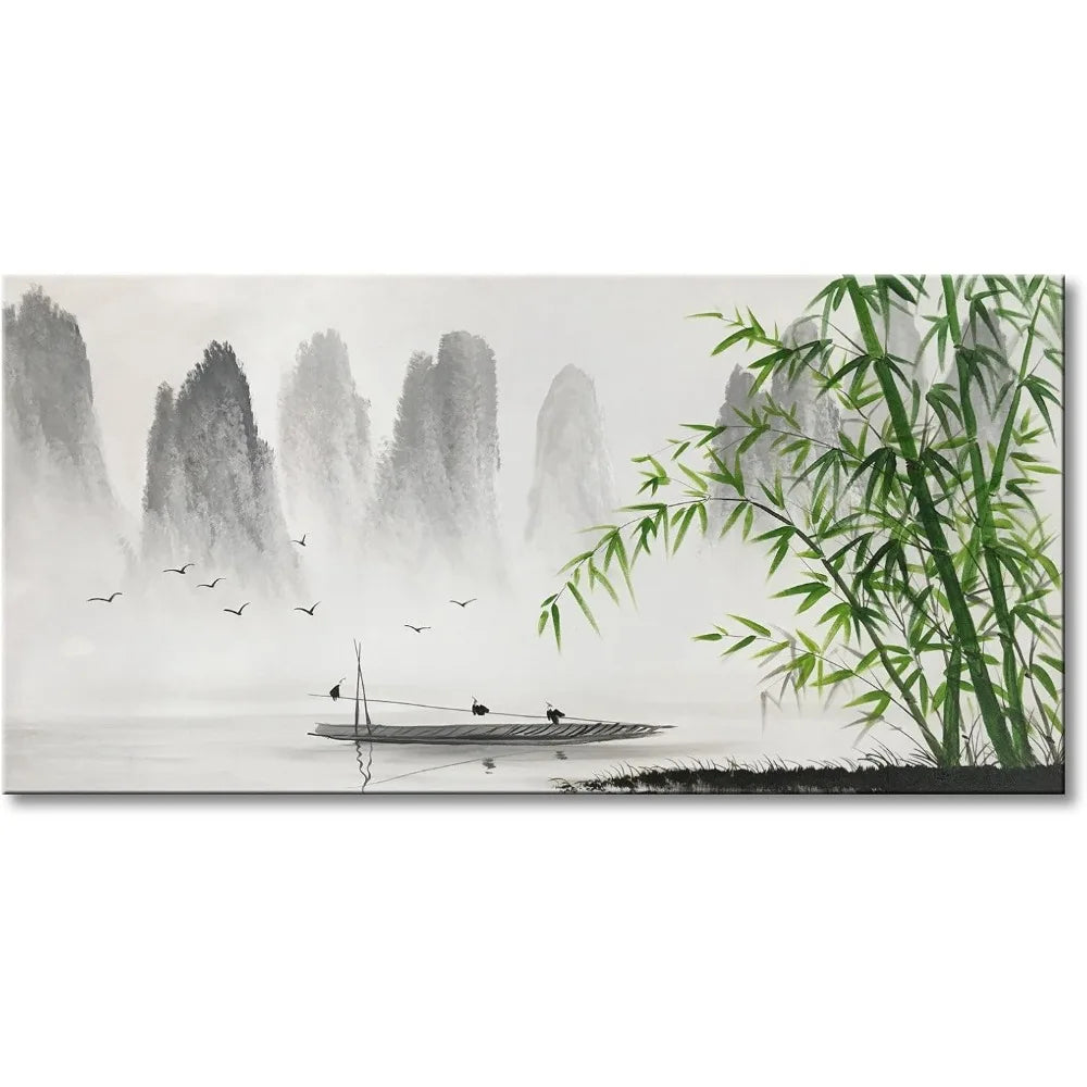 Large Hand-Painted Traditional Chinese Painting – Black and White Bamboo Landscape Canvas Wall Art