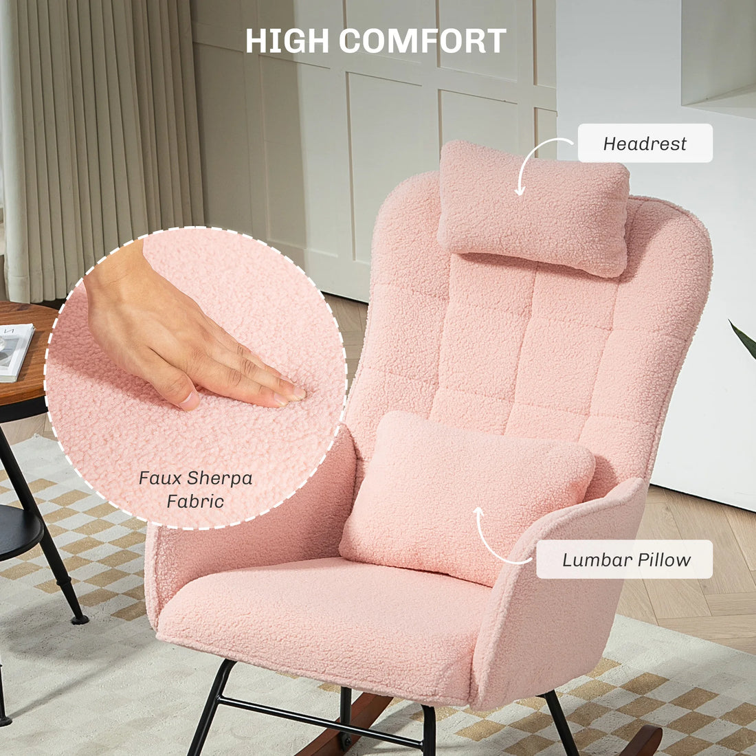 HOMCOM Boucle Rocking Chair with Headrest and Lumbar Pillow – Modern Pink Sherpa Rocker for Living Room, Bedroom & Nursery