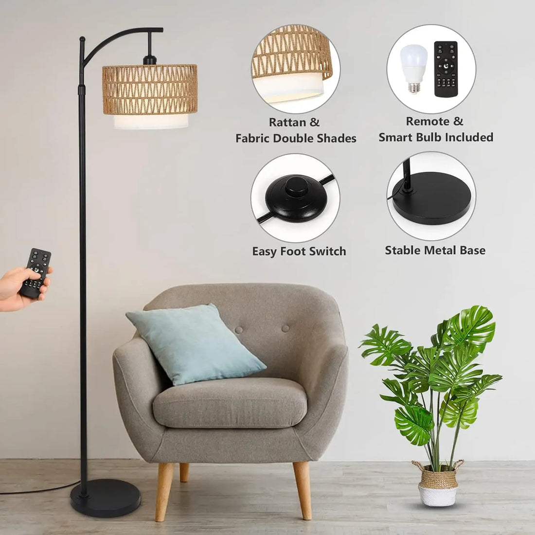 Luugaa Living Room Arc Floor Lamp – Bohemian Rattan Lamp with Remote Control and Bulb (3 Colors)