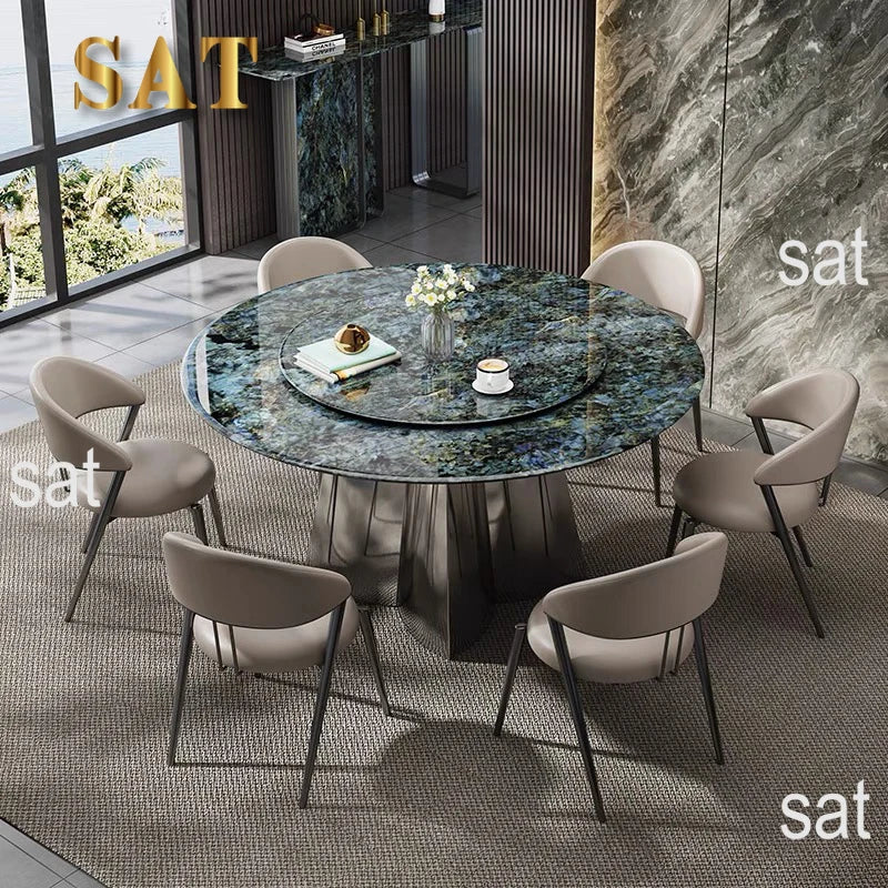 Modern Luxury Marble Round Dining Table Set with Rotating Center – 6, 8, or 10-Seater with Leather Chairs