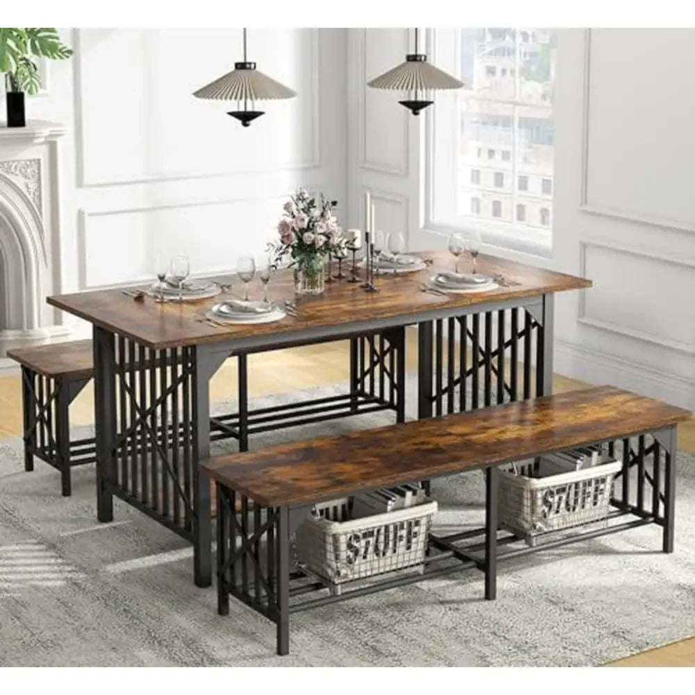 Industrial 3-Piece Dining Table Set with Dual Storage – Seats 4-8 People