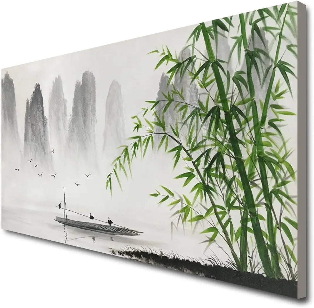 Large Hand-Painted Traditional Chinese Painting – Black and White Bamboo Landscape Canvas Wall Art