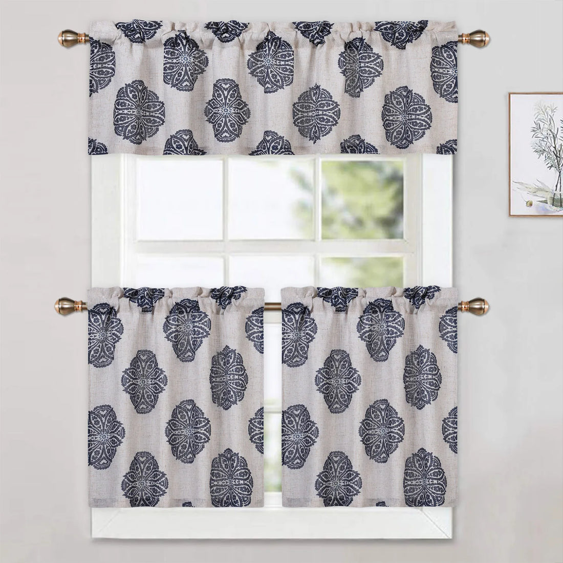 Medallion Printed Rod Pocket Light-Filtering Valance Curtain – Elegant Window Treatment for Kitchen and Bathroom