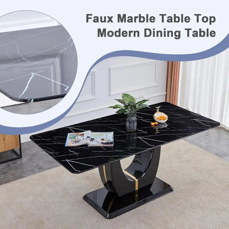 71" Black Dining Table Set for 8 – Faux Marble Table with PU Leather Chairs