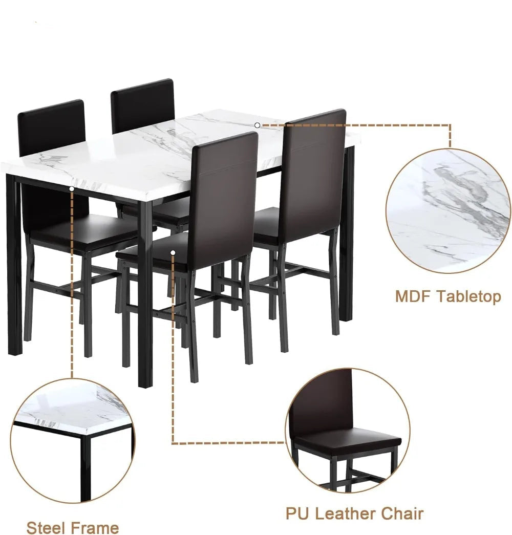 Faux Marble 5-Piece Dining Table Set for 4 – Elegant & Space-Saving Design