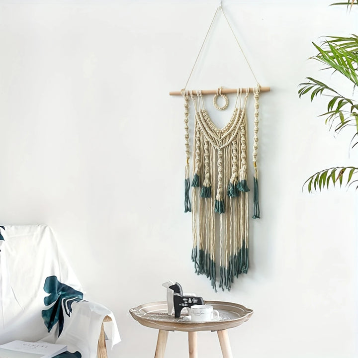 Bohemian Tapestry – Green and Beige Woven Macrame Wall Hanging with Tassel for Bedroom and Living Room Decor