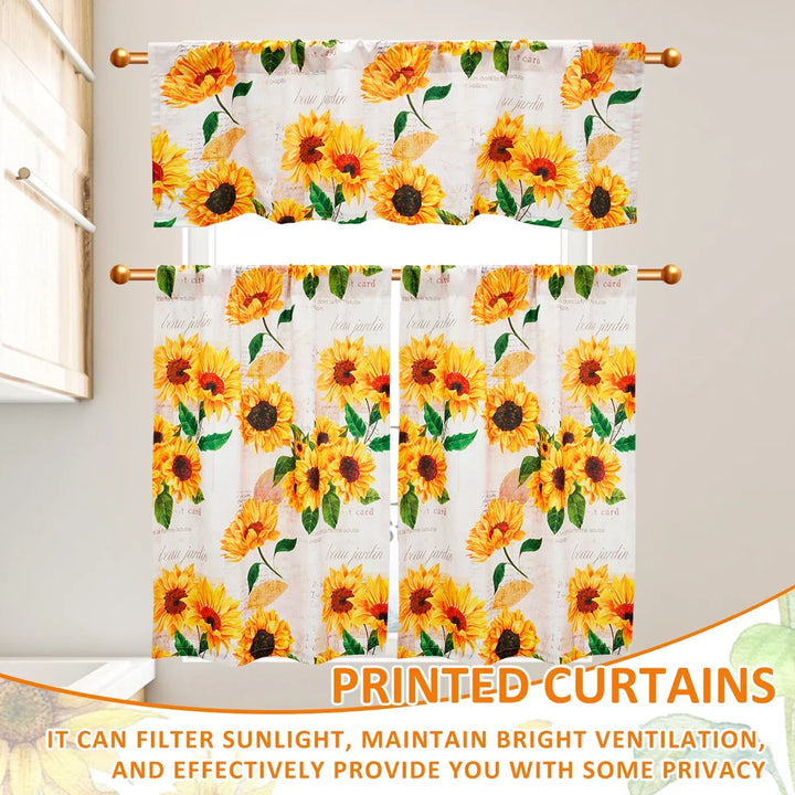 3Pcs Sunflower Valance and Tier Curtains – Light Filtering Kitchen Curtain Set with Wide Rod Pocket